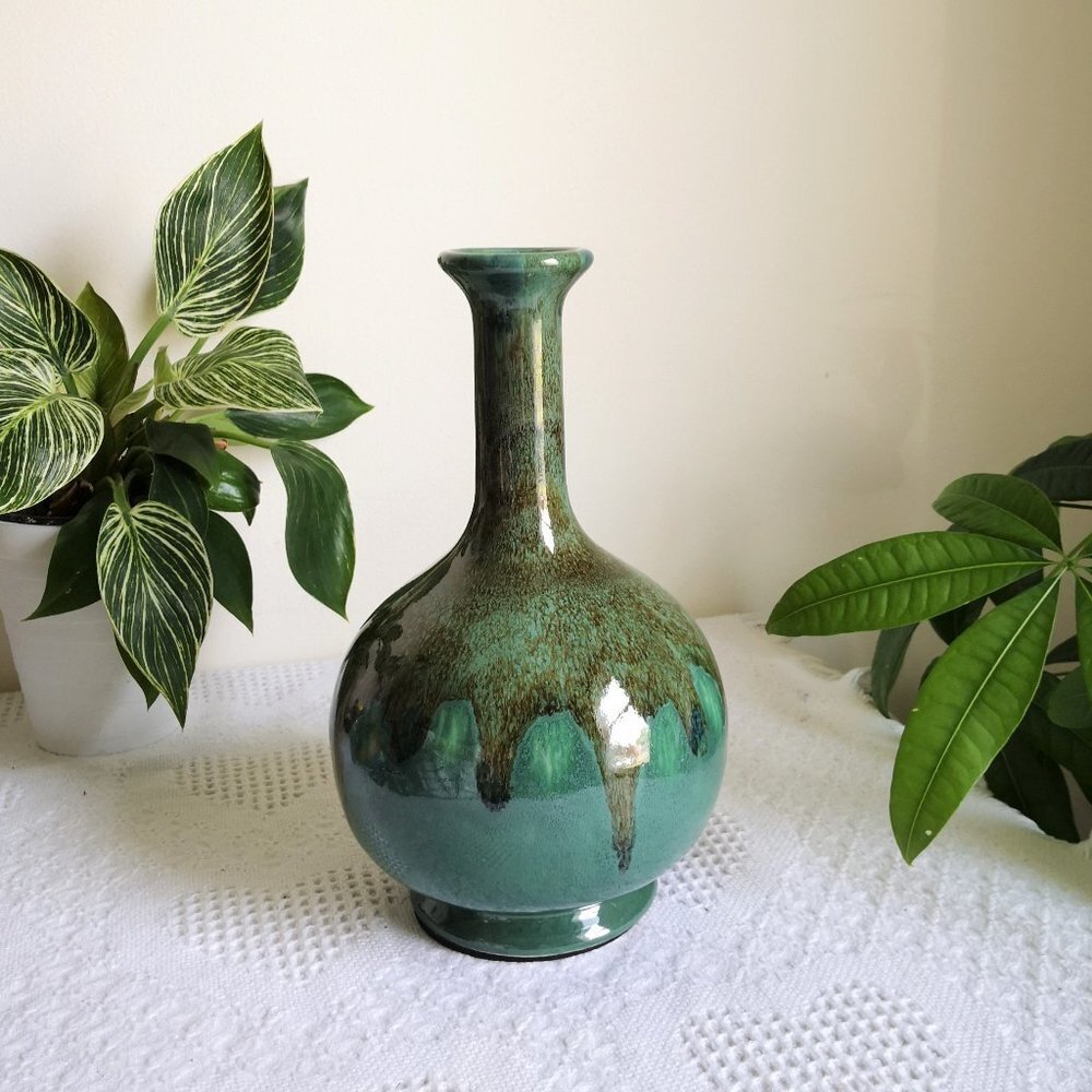 Drip Glaze Vase Mid Century Ceramic Genie Bottle